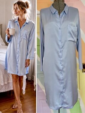 Pluto Luxury Belgian Baby Blue Satin & Modal Sleep Shirt Nightgown 42/L 💛🎀